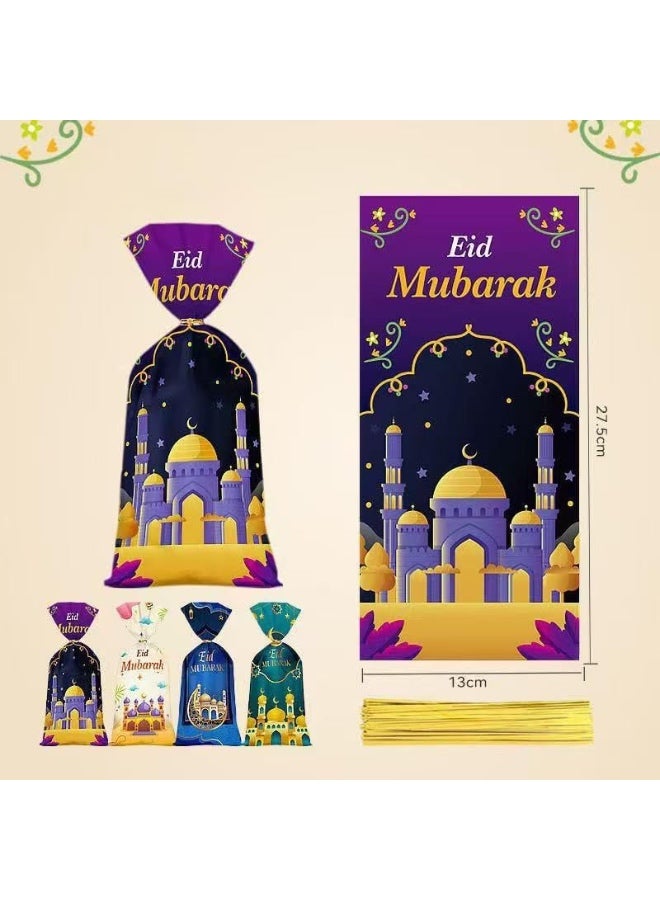50 PCS Eid Mubarak Candy Cookie Bags with Twist Ties, Ramadan Gift Treat Bags Package, Muslim Castle Moon Star Favor Bags for Islamic Party Supplies - Image 3